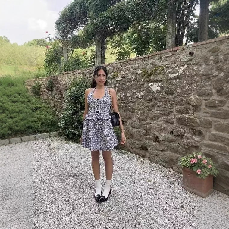 Leisure dress for ladies with a playful backless design and a floral plaid pattern Lune London