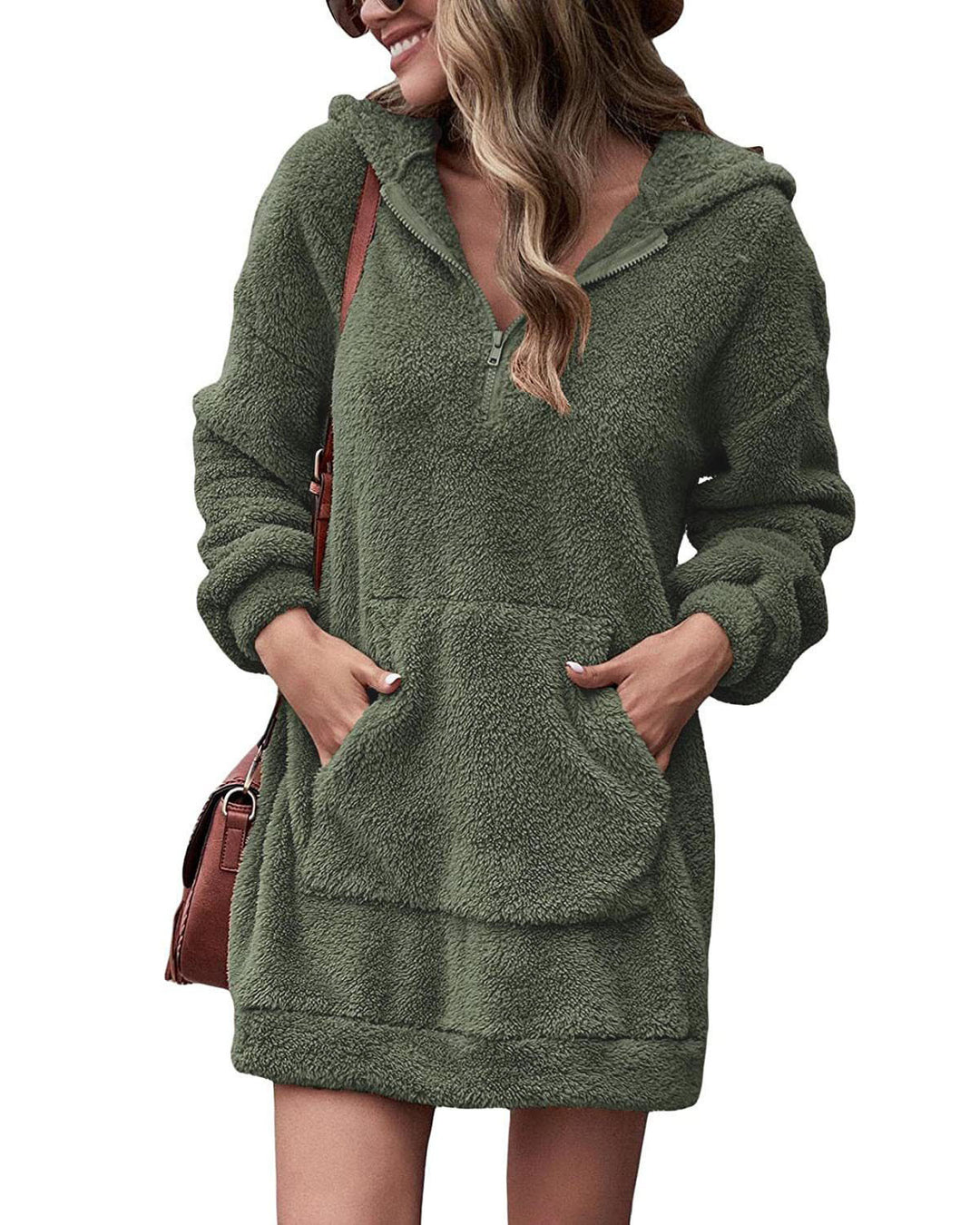 Cozy fleece dress for women with hood and pockets Lune London