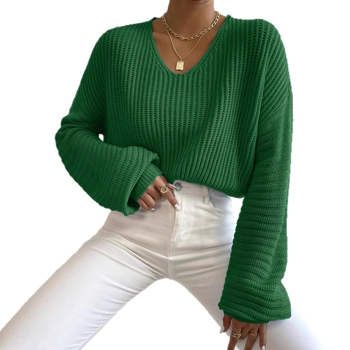 Casual knit sweater for women with wide V-neck and extra long sleeves Lune London