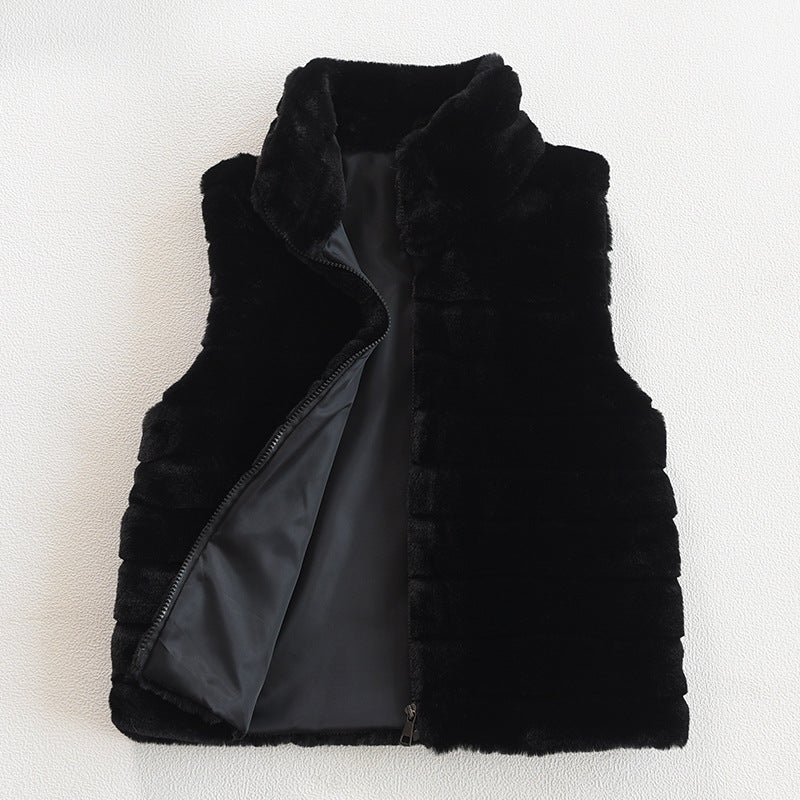 Ladies Stylish Quilted Vest Made Of Faux Fur with High Collar Lune London