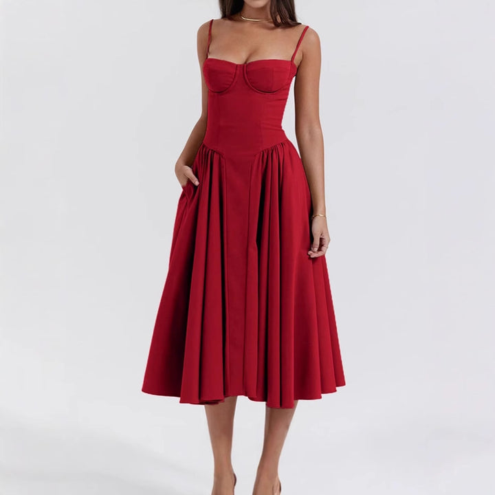 Mid-length dress for women with strapless design and voluminous pleated skirt Lune London