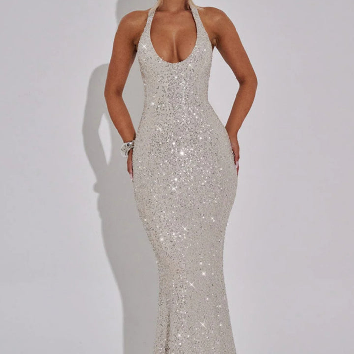 Women's Glamorous Sequin Maxi Dress with Deep V-Neck and Slim Fit Lune London