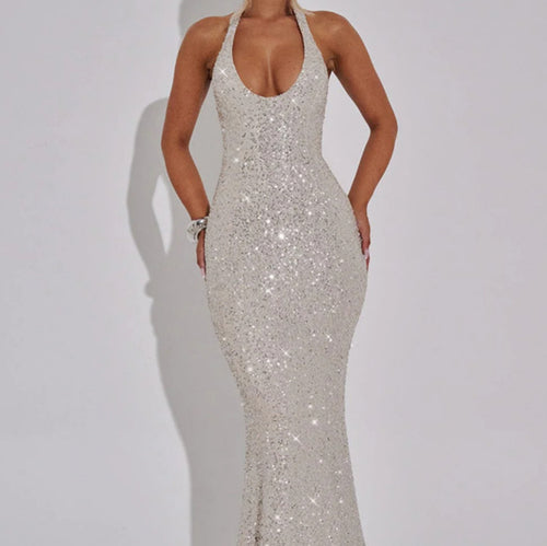 Women's Glamorous Sequin Maxi Dress with Deep V-Neck and Slim Fit