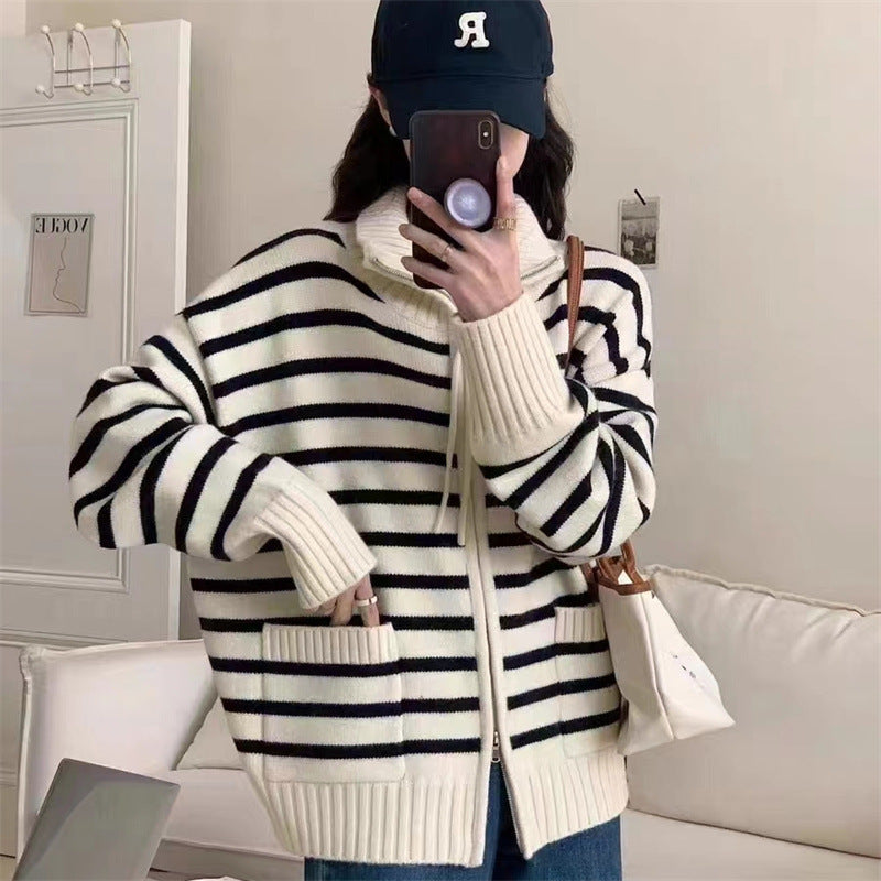 Women's knitted jacket with a modern striped pattern and practical pockets Lune London