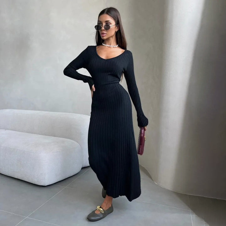 Maxi dress for women with refined ribbed knit and off-shoulder design Lune London