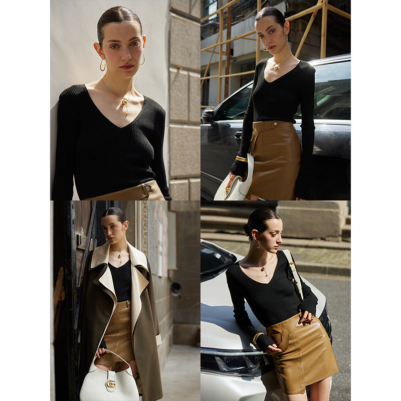 Women's fine rib long sleeve shirt with V-neck Chic & Stil