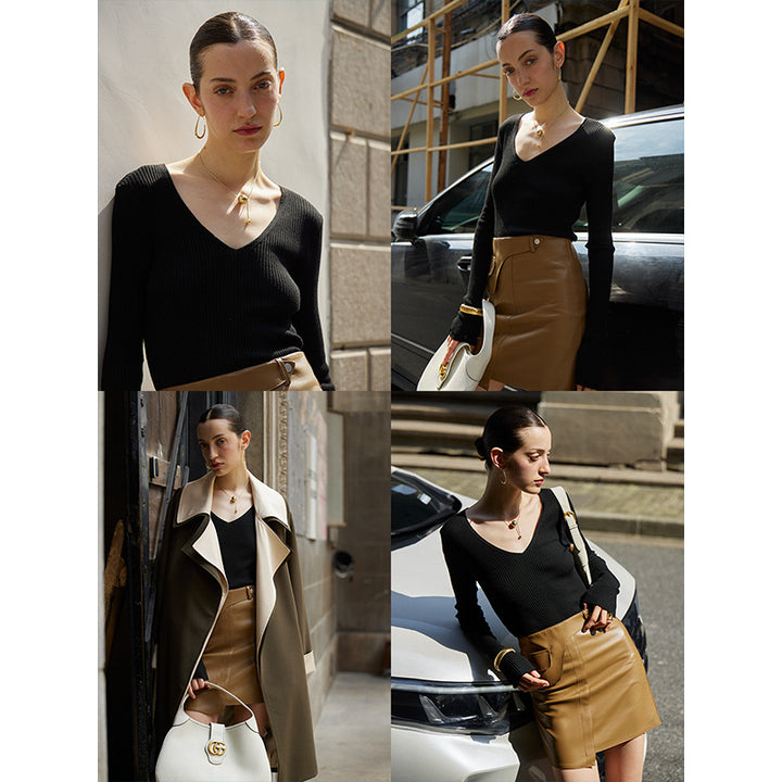 Women's fine rib long sleeve shirt with V-neck Chic & Stil