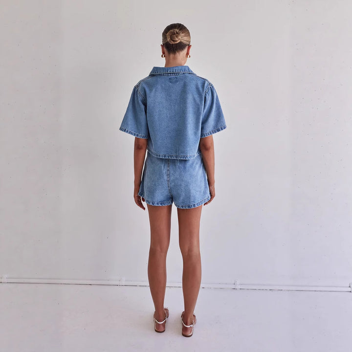 Women Denim Short Jacket with Matching Skirt in Casual Style Lune London