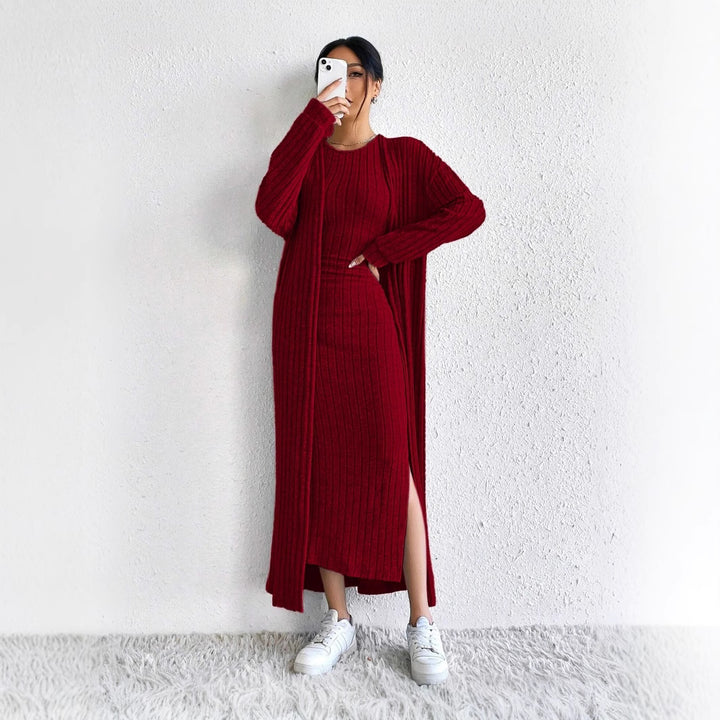 Robe en tricot pour femme avec cardigan long et fente sur le côté Chic & Stil