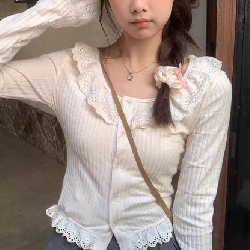 Women's long sleeve blouse with lace collar and decorative ruffle hem Lune London