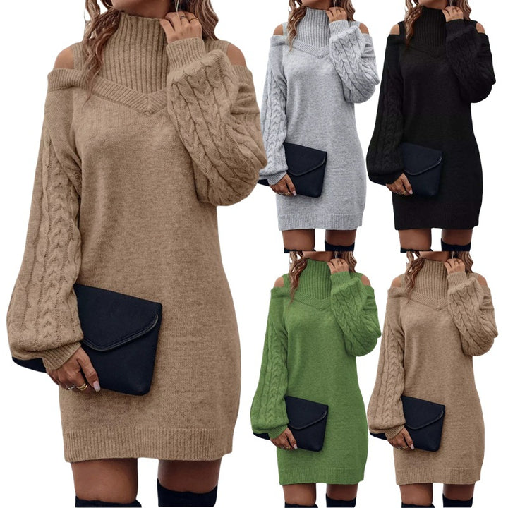 Knit dress for women with off-the-shoulder design and structured high collar Lune London
