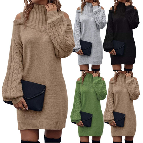 Knit dress for women with off-the-shoulder design and structured high collar Lune London