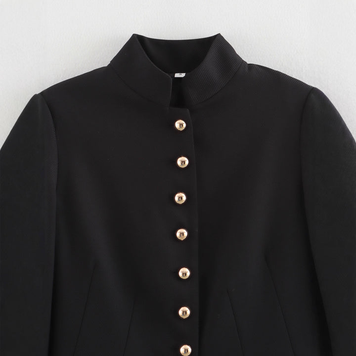 Elegant women's quilted jacket with high collar and gold buttons Lune London