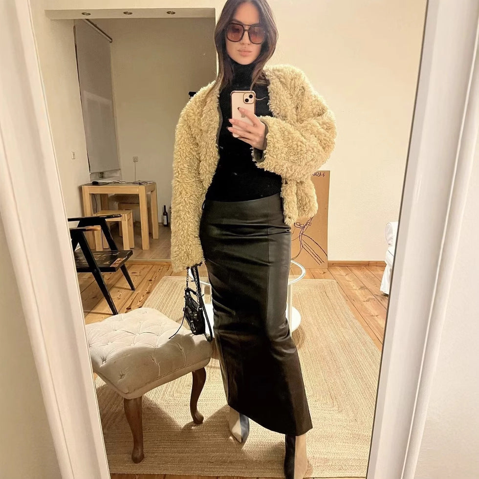 Ladies Fuzzy Short Jacket with a unique structure and a casual chic fit