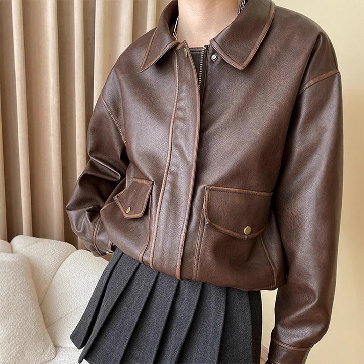 Synthetic leather jacket for women with practical pockets and trendy cut Lune London