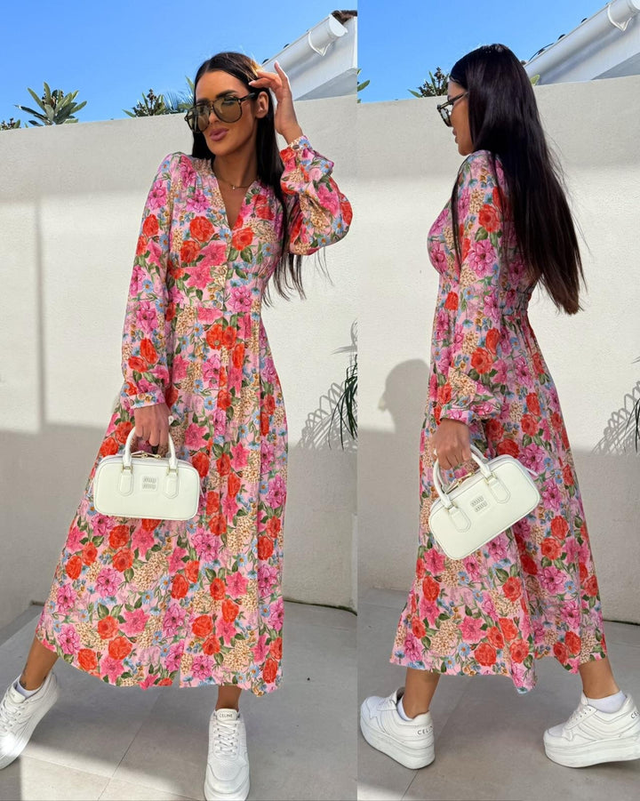 Lune London Floral Maxi Dress for Women with Button Details