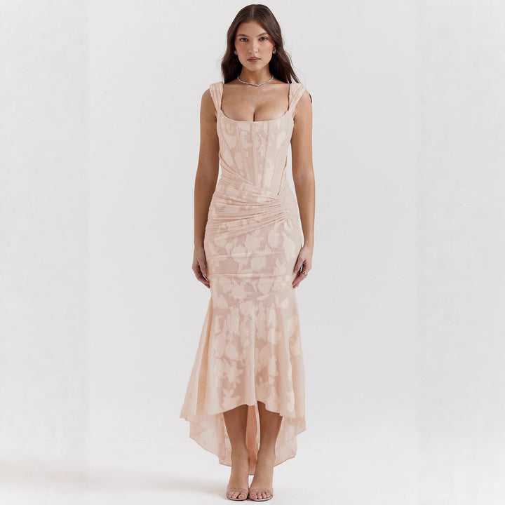 Elegant Boat Neck Maxi Dress for Women with Floral Texture and Chic Asymmetric Hem