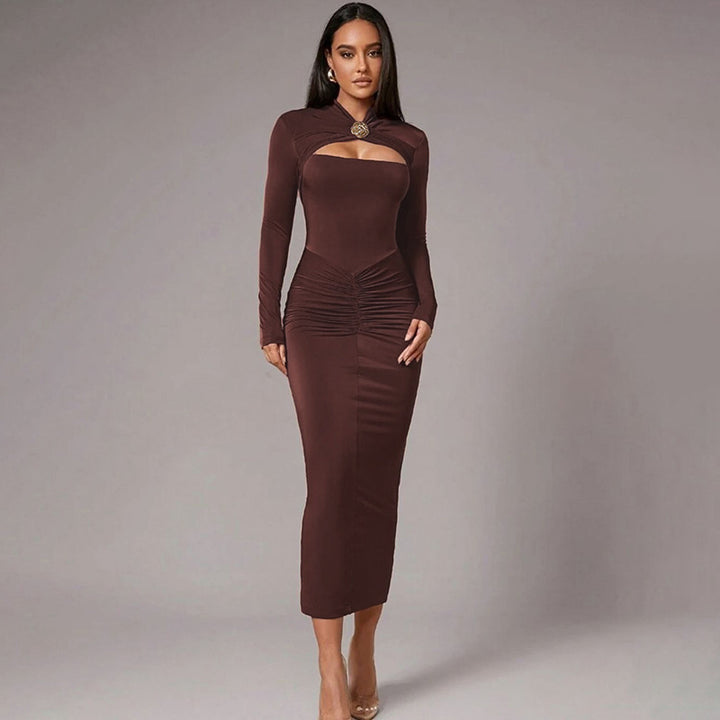 Strapless dress for ladies with gathers and long sleeves Lune London