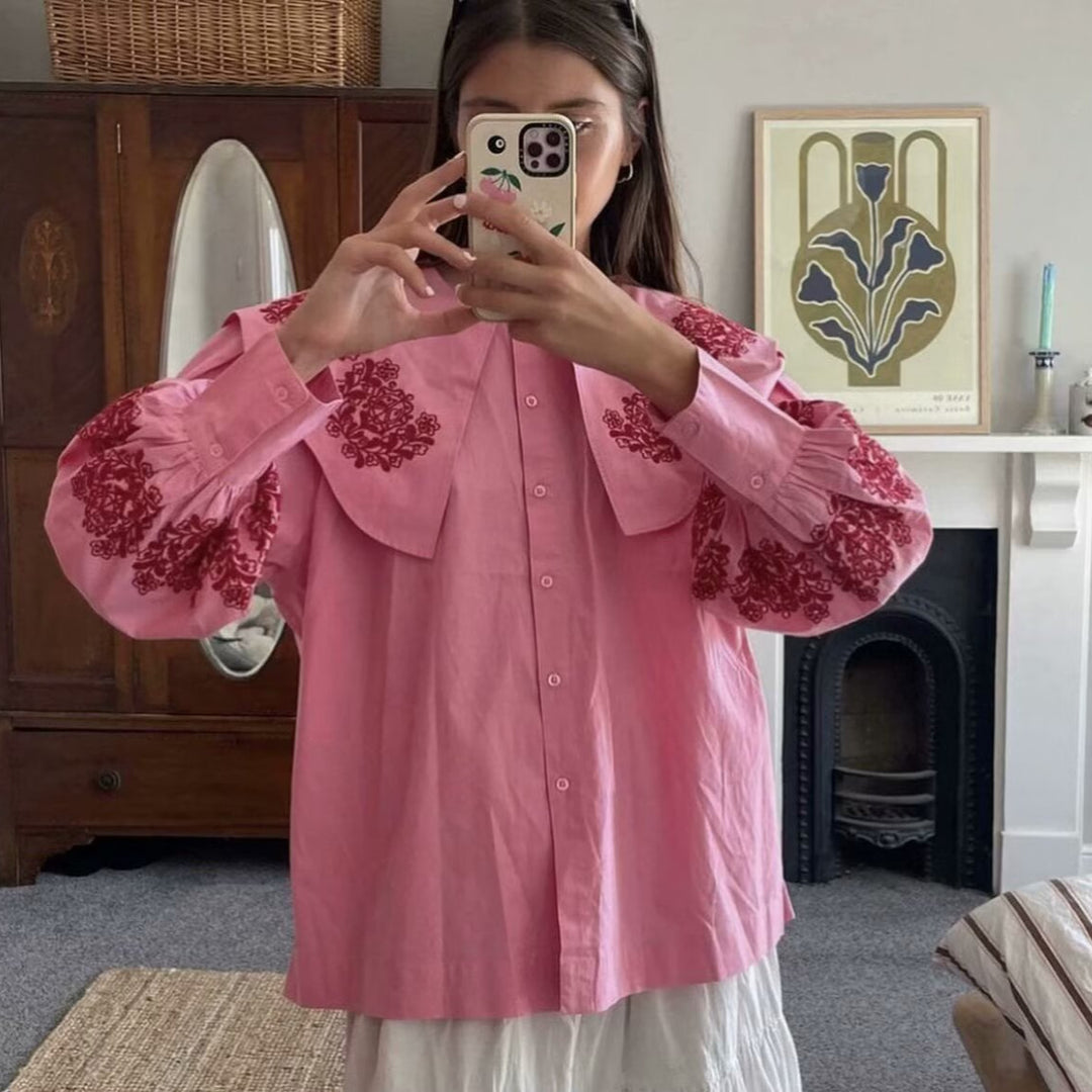 Blouse for women with a voluminous collar and floral embroidery Lune London