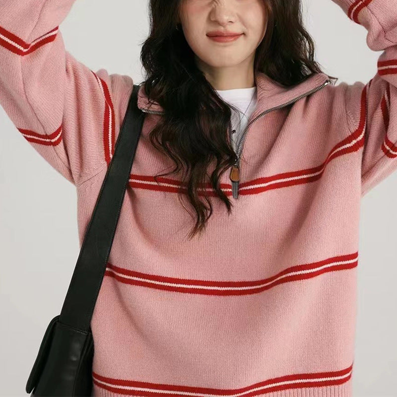 Pull en tricot décontracté pour femmes avec fermeture éclair moderne et rayures de couleur contrastée Chic & Stil