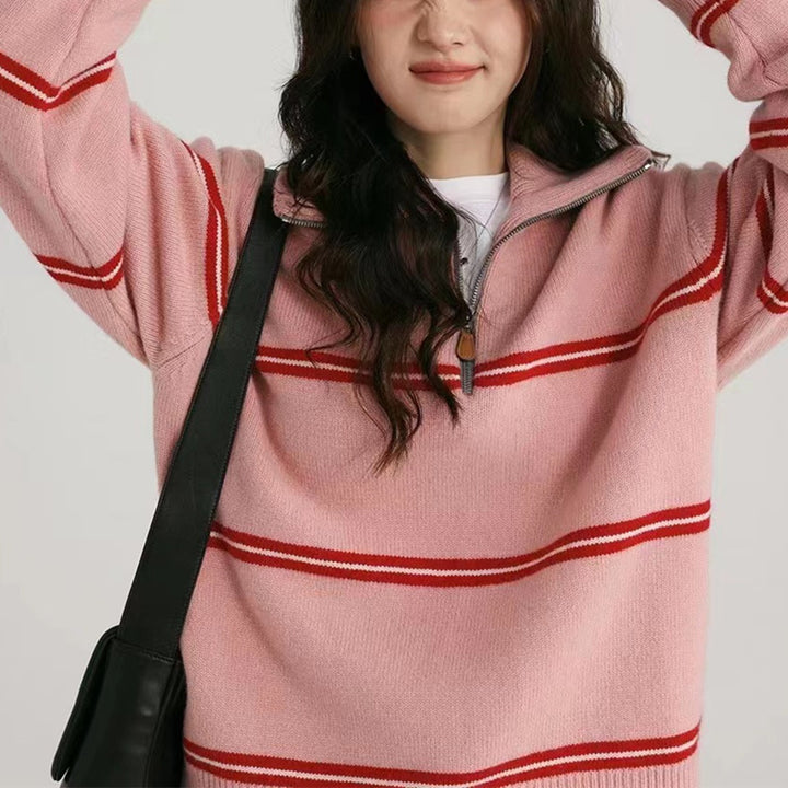 Pull en tricot décontracté pour femmes avec fermeture éclair moderne et rayures de couleur contrastée Chic & Stil