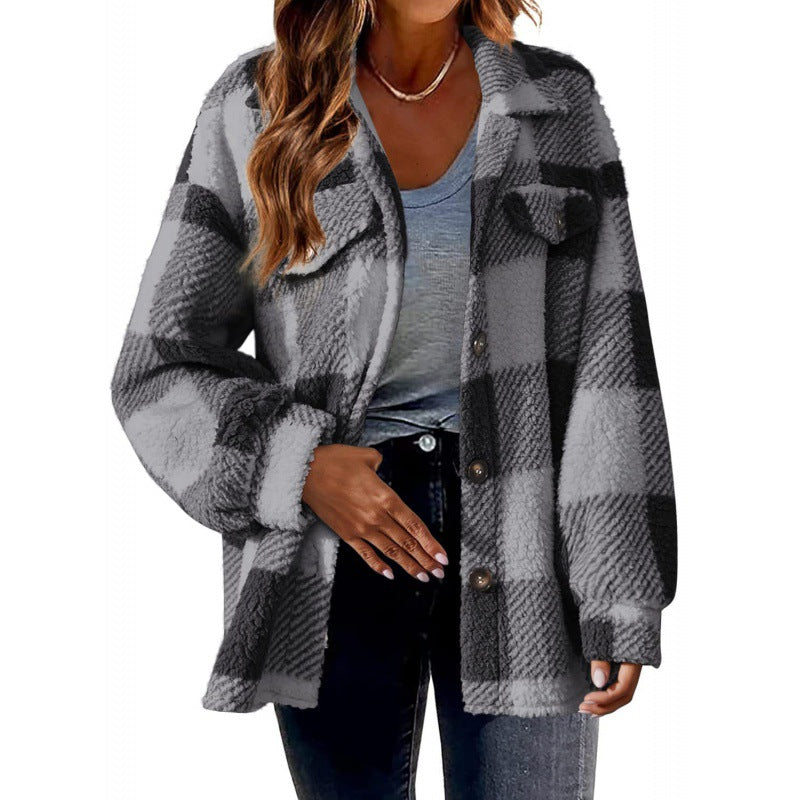 Ladies Plaid Plush Jacket with Snap Button Closure and Convenient Pockets Lune London