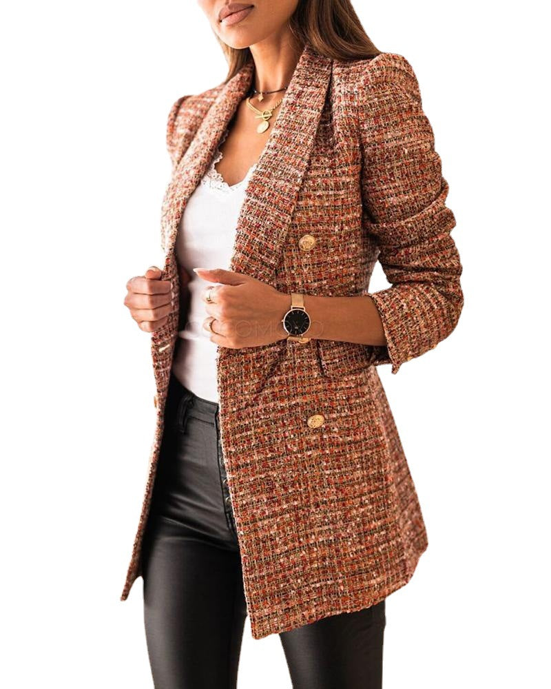 Ladies elegant double-breasted tweed blazer with shoulder pads Lune London