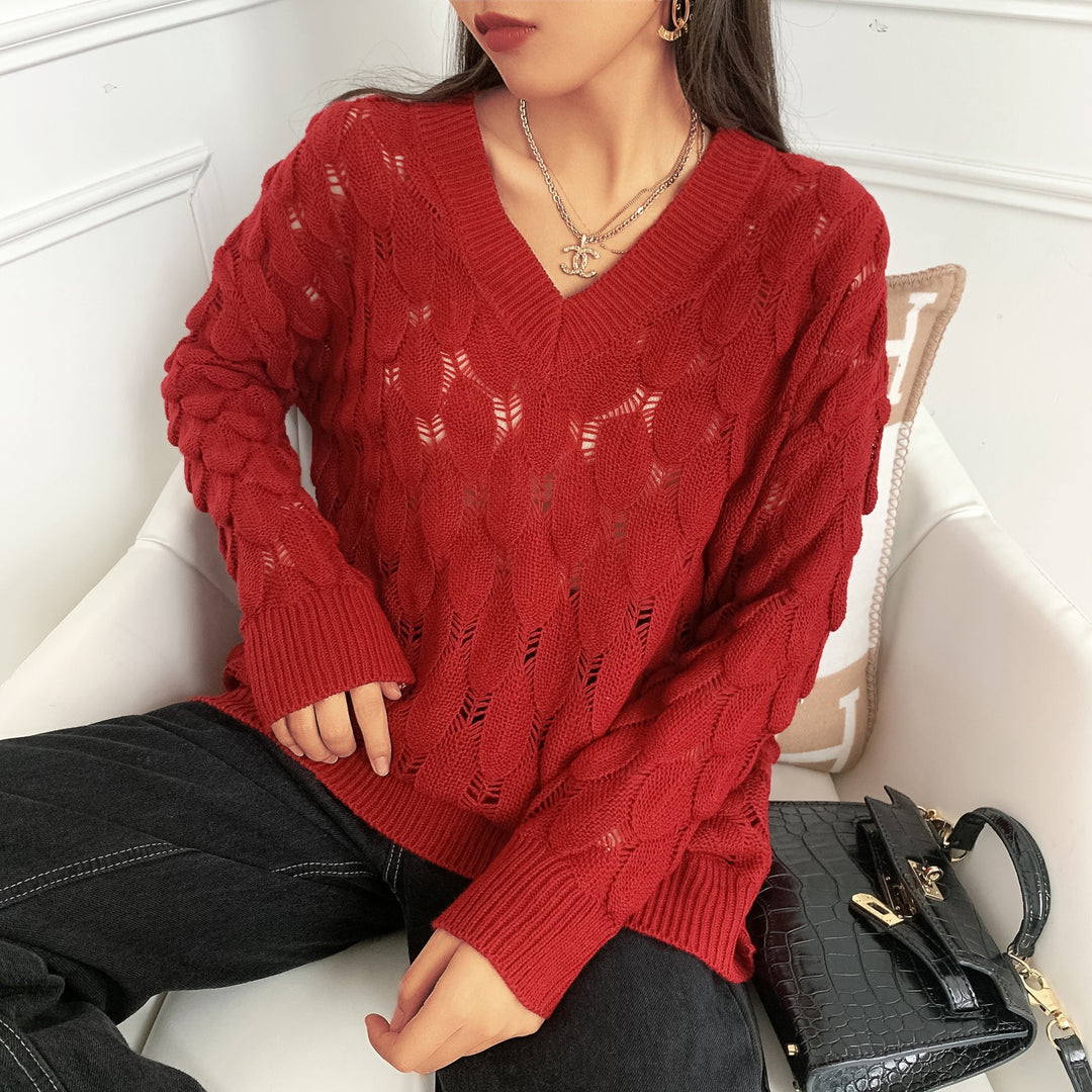 Ladies lightweight knit V-neck sweater with transparent hole pattern Lune London