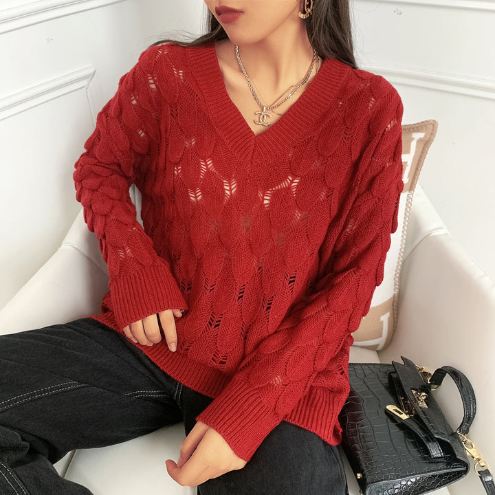 Ladies lightweight knit V-neck sweater with transparent hole pattern Lune London
