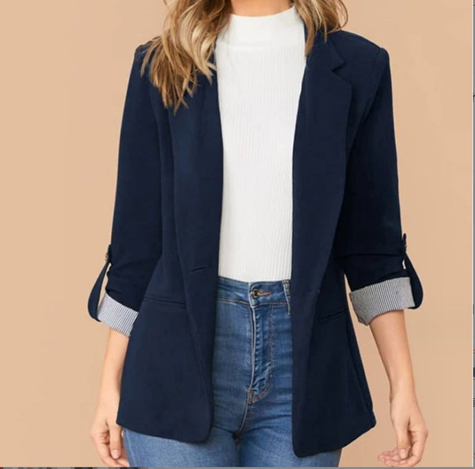 Fashionable women's blazer with roll-up sleeves and textured details Lune London