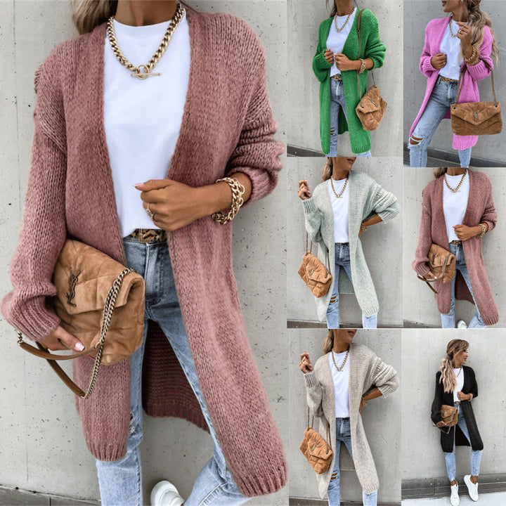 Ladies Thick Knit Cardigan with Open Front and Rolled Sleeves Lune London