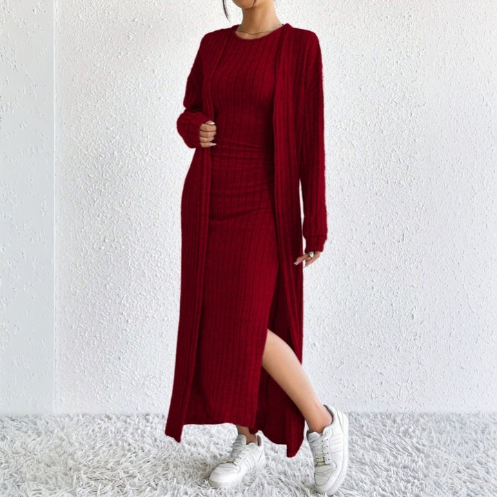 Robe en tricot pour femme avec cardigan long et fente sur le côté Chic & Stil