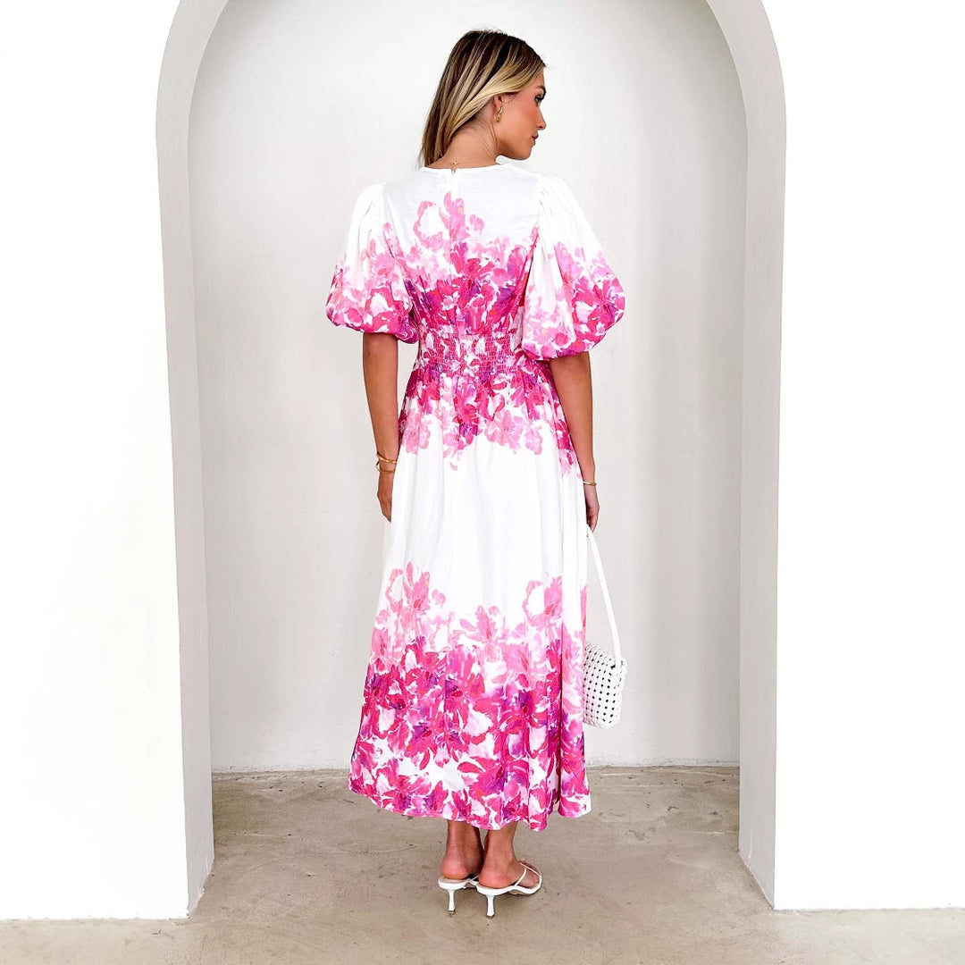 Maxi dress for women with voluminous puff sleeves and floral design Chic & Stil