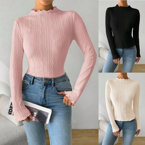 Ladies Elegant Long Sleeve T-shirt with Textured Design and Ruffles Lune London