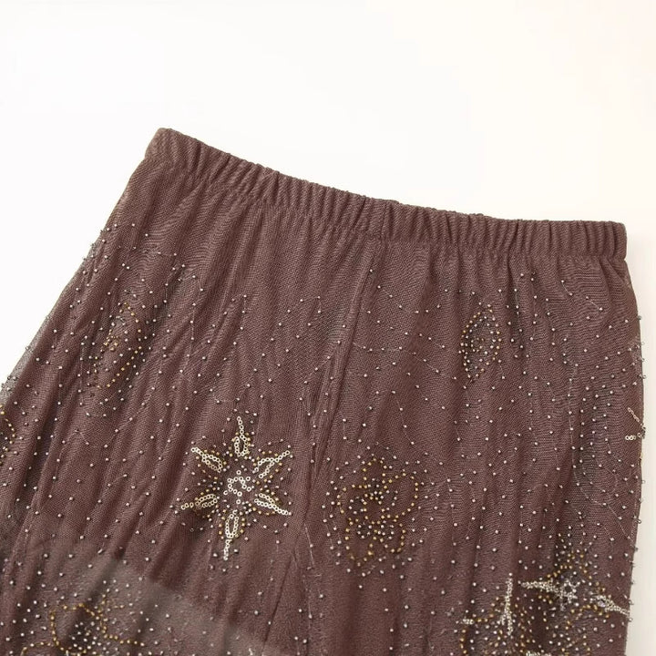 Elegant transparent Palazzohos pants for women with sparkling applications Lune London