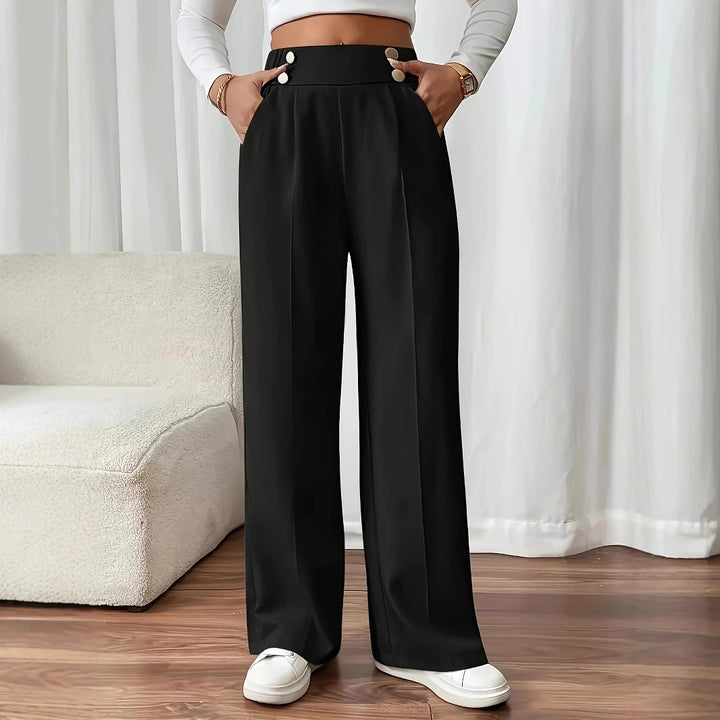 High-waisted palazzo pants for women with side pockets and decorative button details Lune London