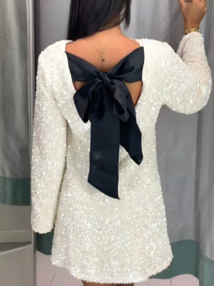 Ladies Glamorous Mini Dress with Sparkling Sequins and Elegant Puff Sleeves