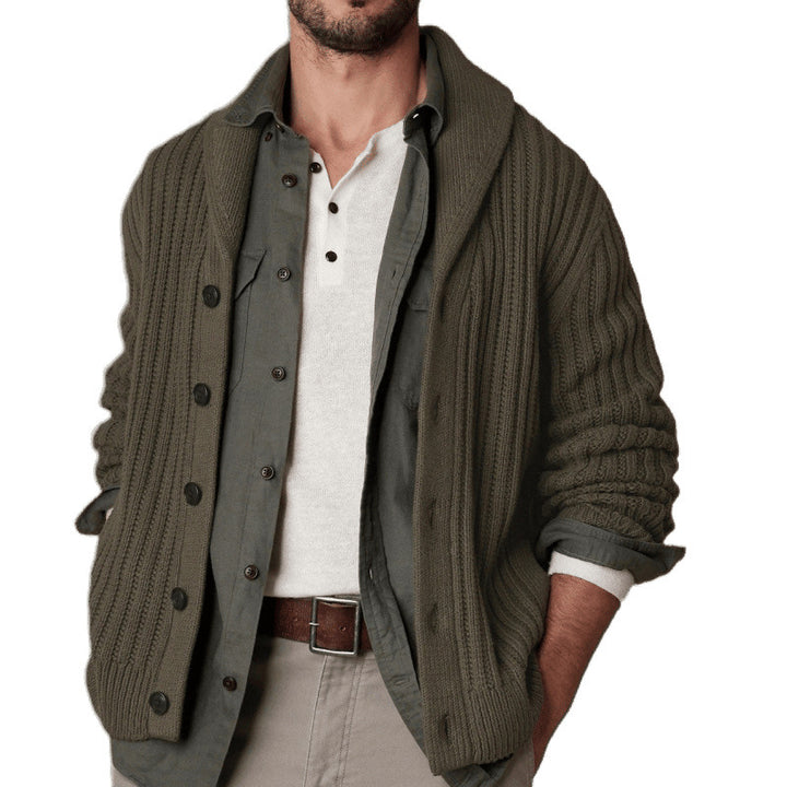 Men's knitted jacket with a modern cable pattern and classic folded collar Lune London