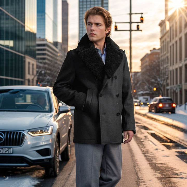 Double-breasted wool coat for men with faux fur collar Lune London