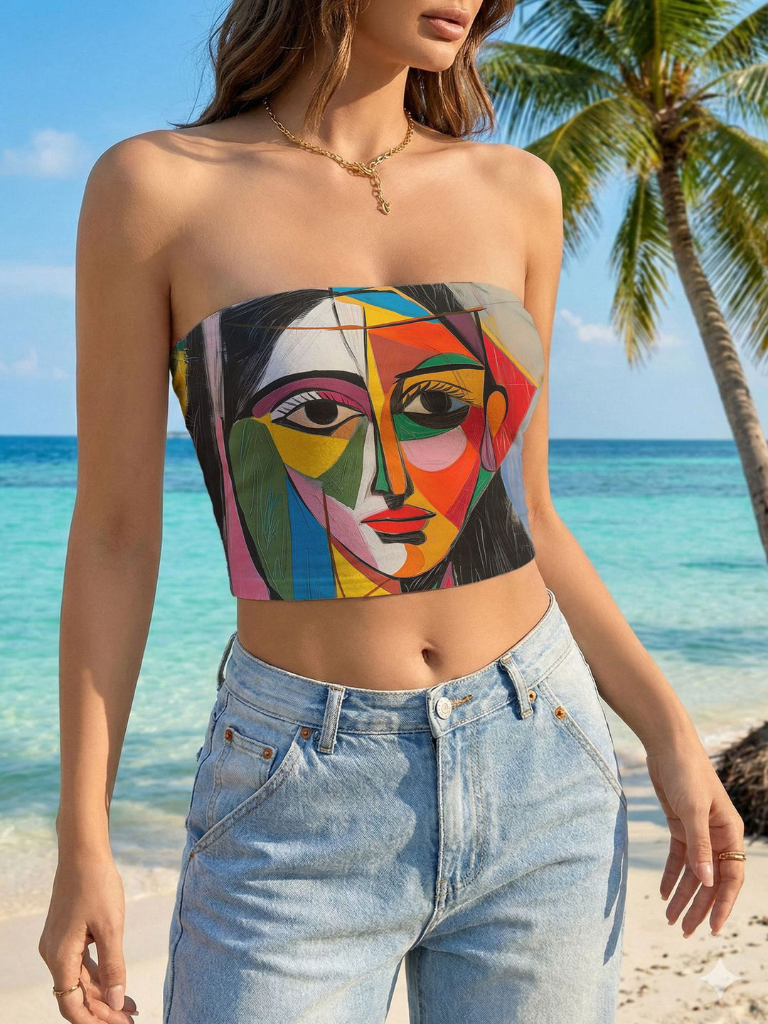 Women's bandeau top with floral bird motif and elastic fit Lune London