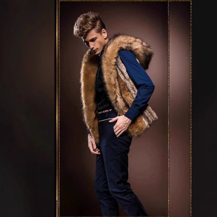 Men's Elegant Faux Fur Coat with Deep Collar and Luxurious Chic Design