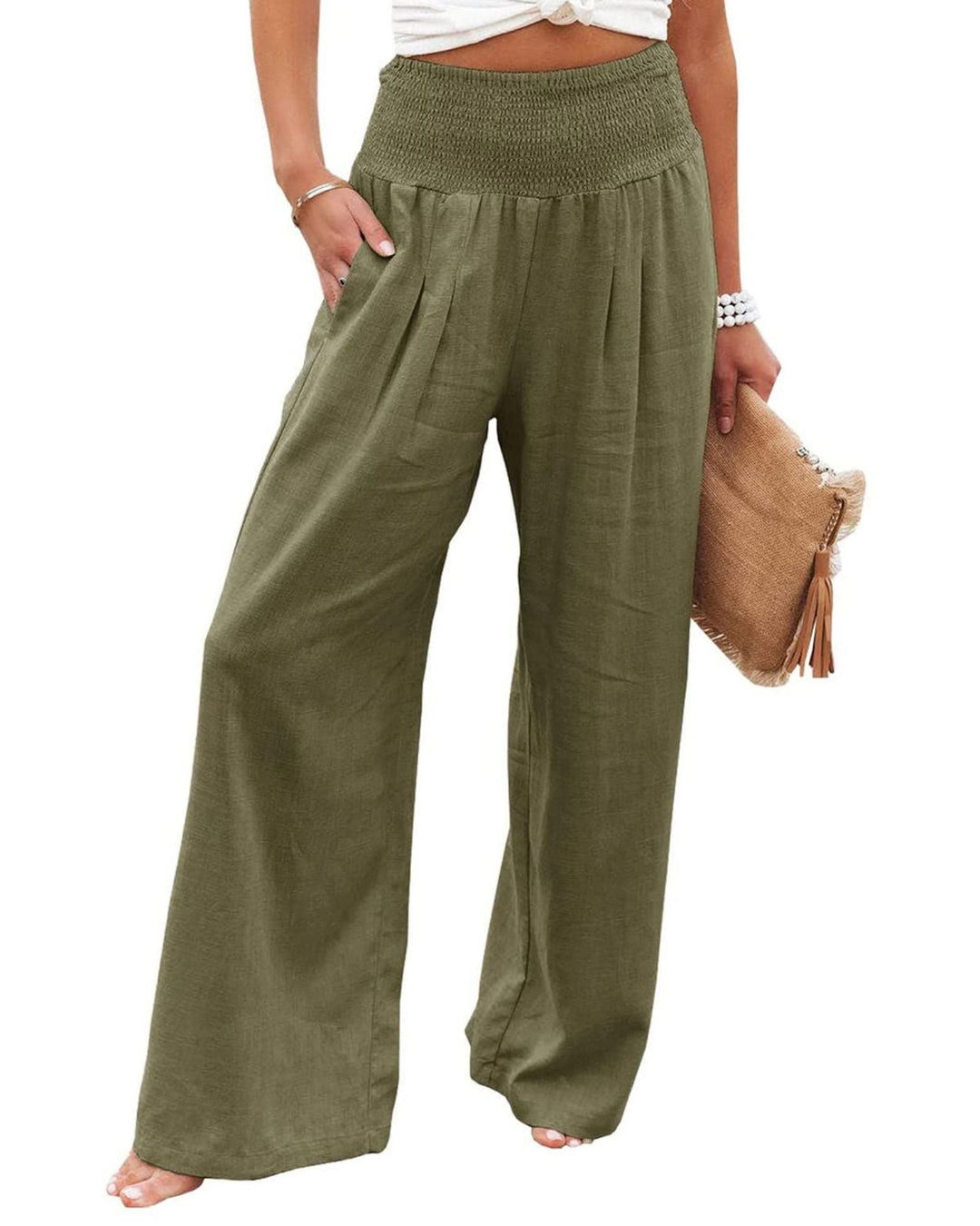 Women's Wide Linen Trousers with Elastic Waistband and Pleats Lune London