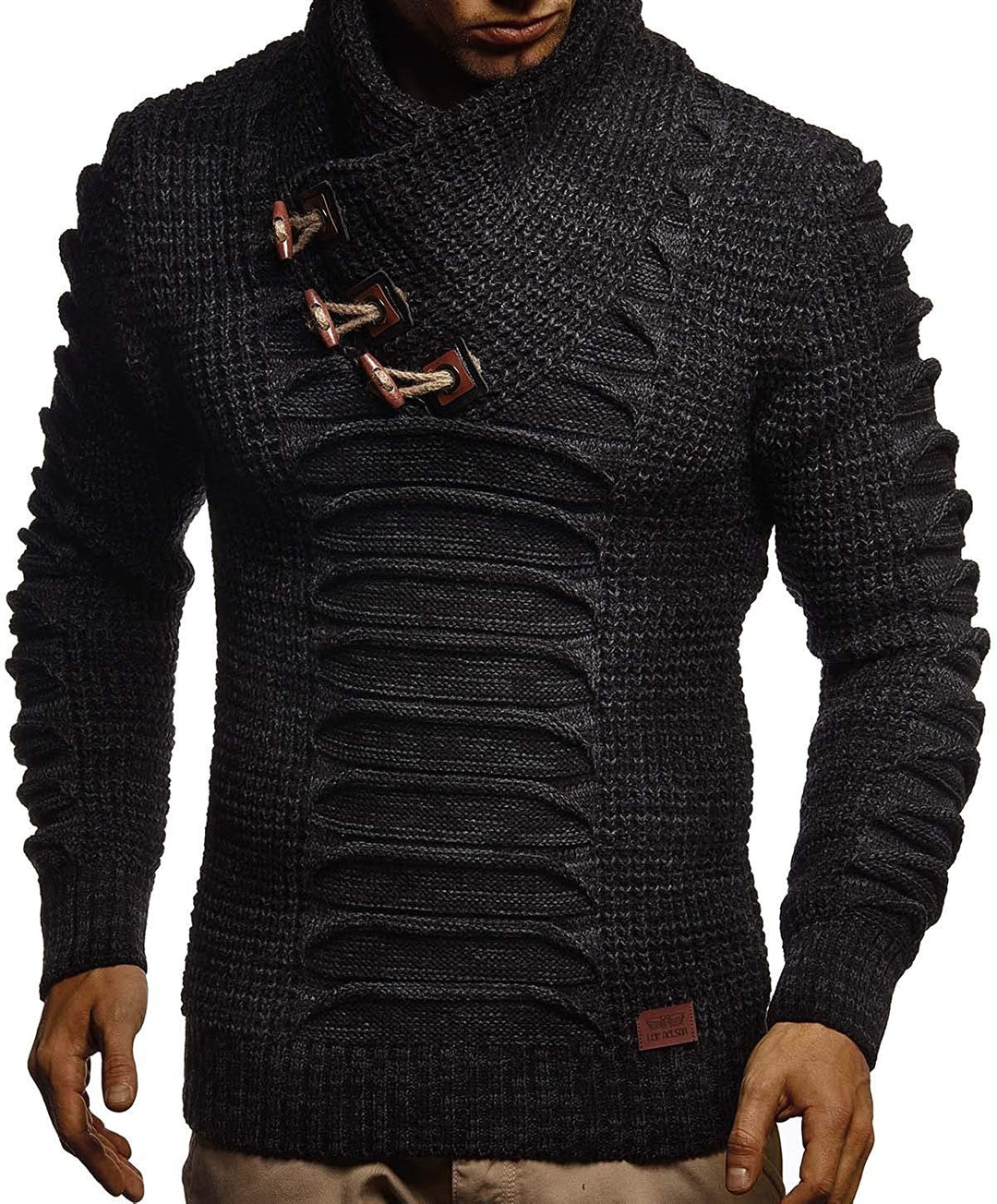 Chunky knit sweater for men with innovative shawl collar and rustic chic design