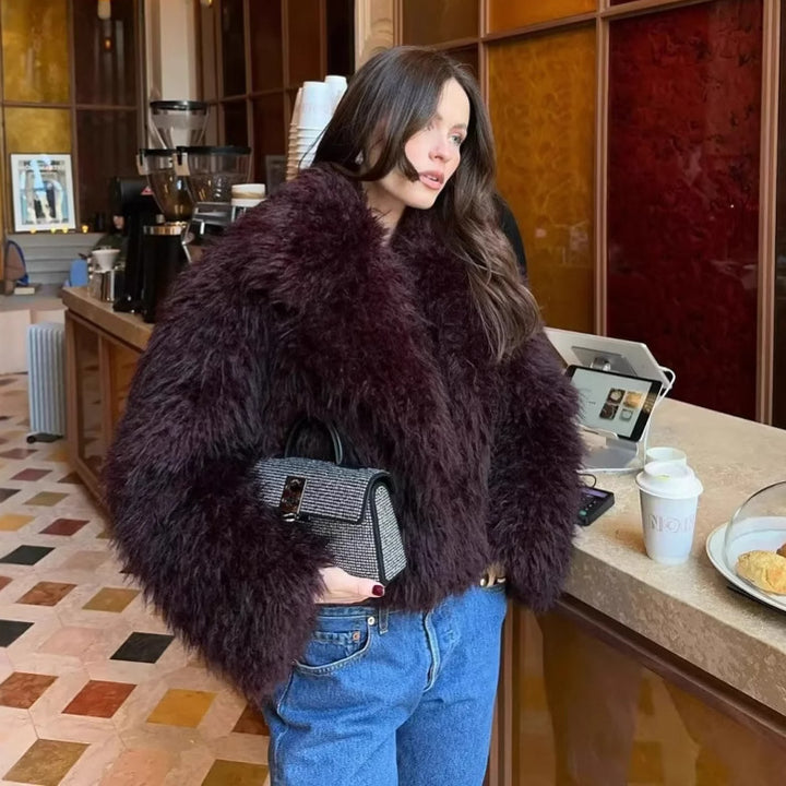 Ladies comfortable faux fur jacket with shawl collar and elegant silhouette Lune London