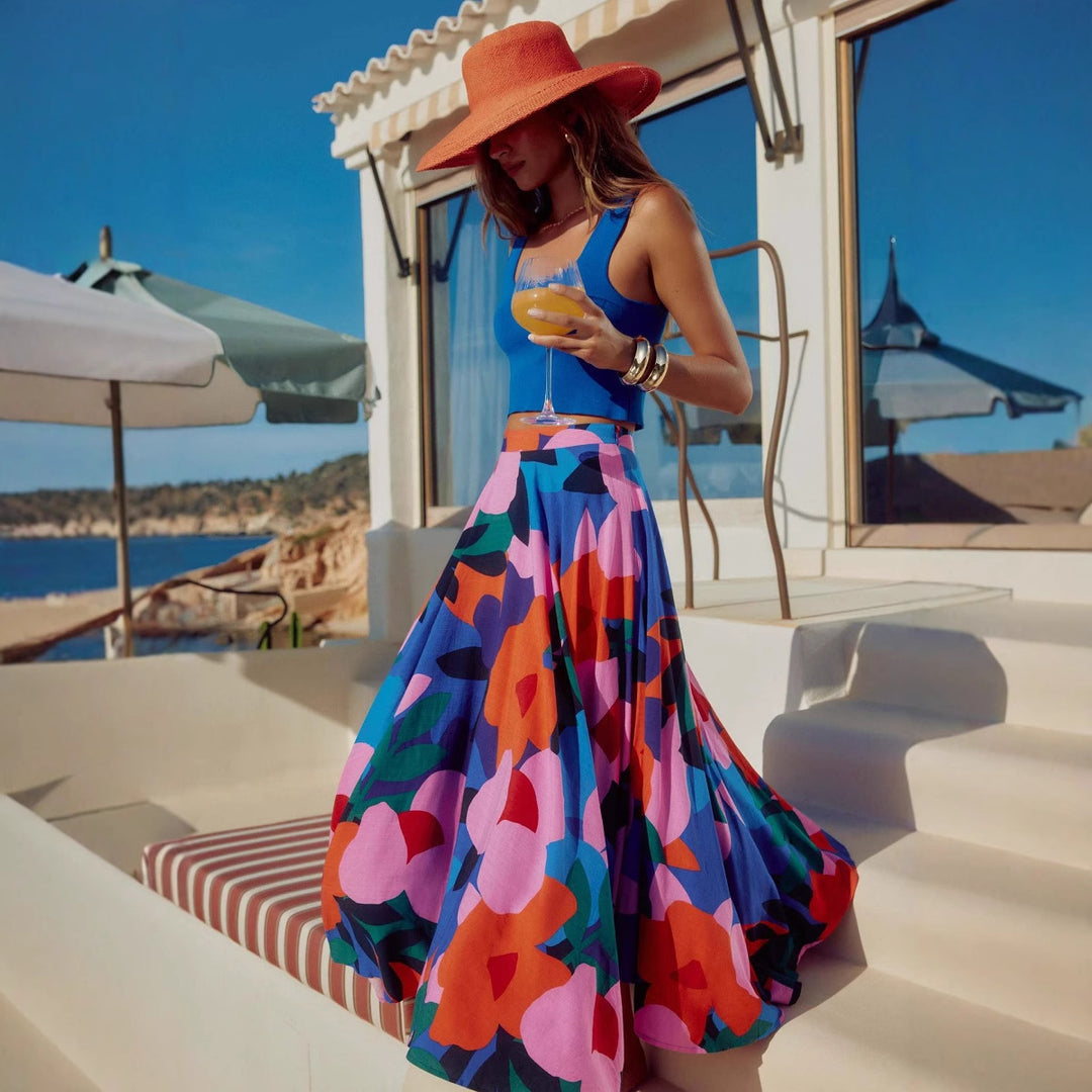 Women's maxi skirt with colorful floral design and flowing fall