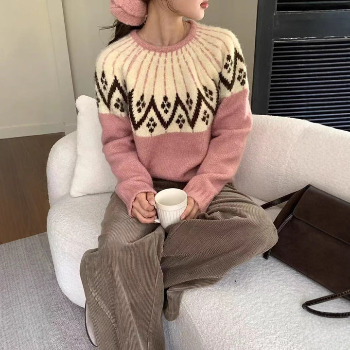 Ladies Comfortable Knit Sweater with Geometric Print and Round Neck Lune London