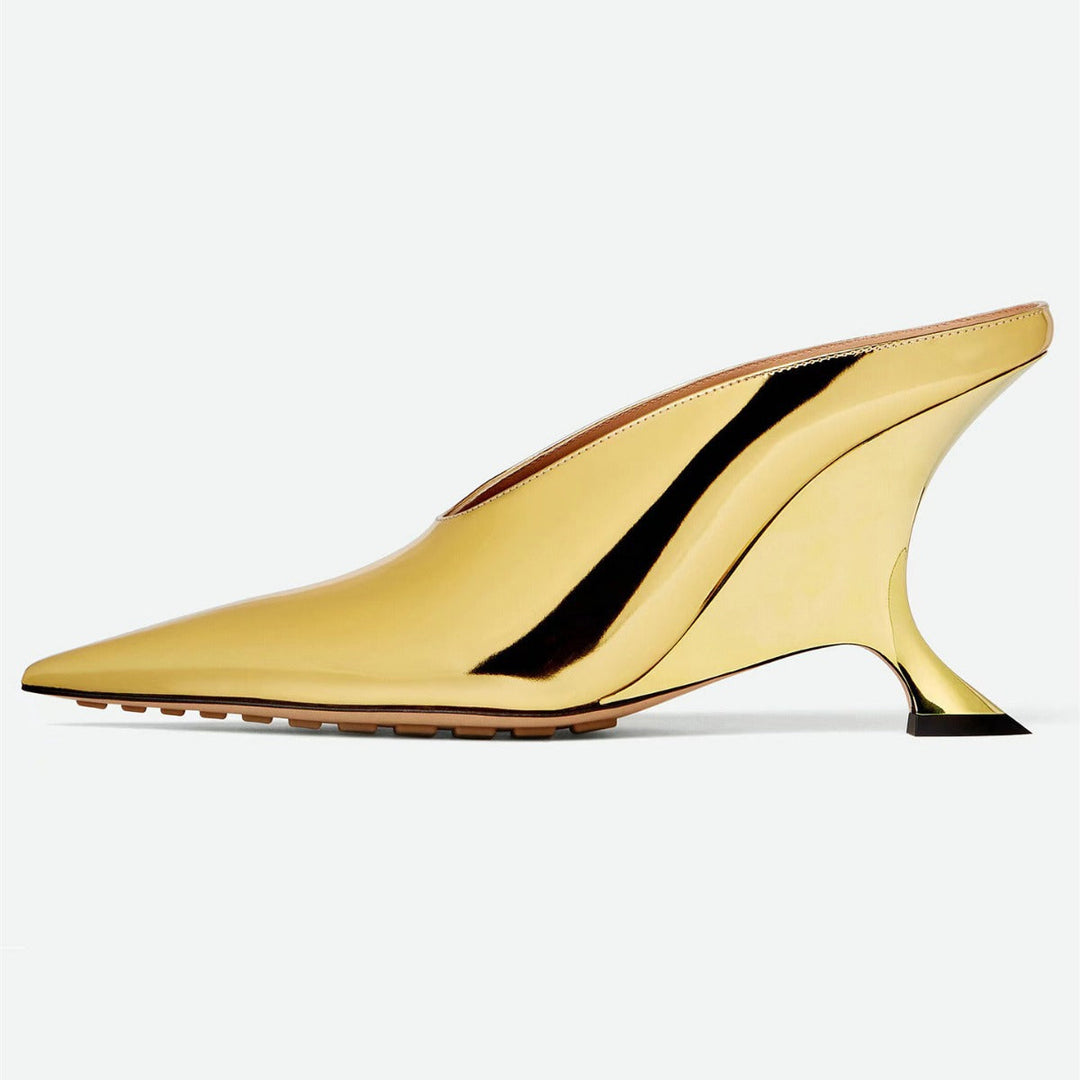 Women’s Pointed Metallic Wedge Mules with Sculpted Heel Lune London