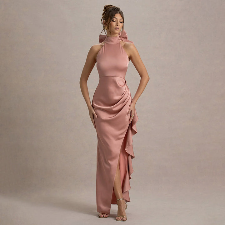 Ladies Elegant Satin Split Dress Lune London