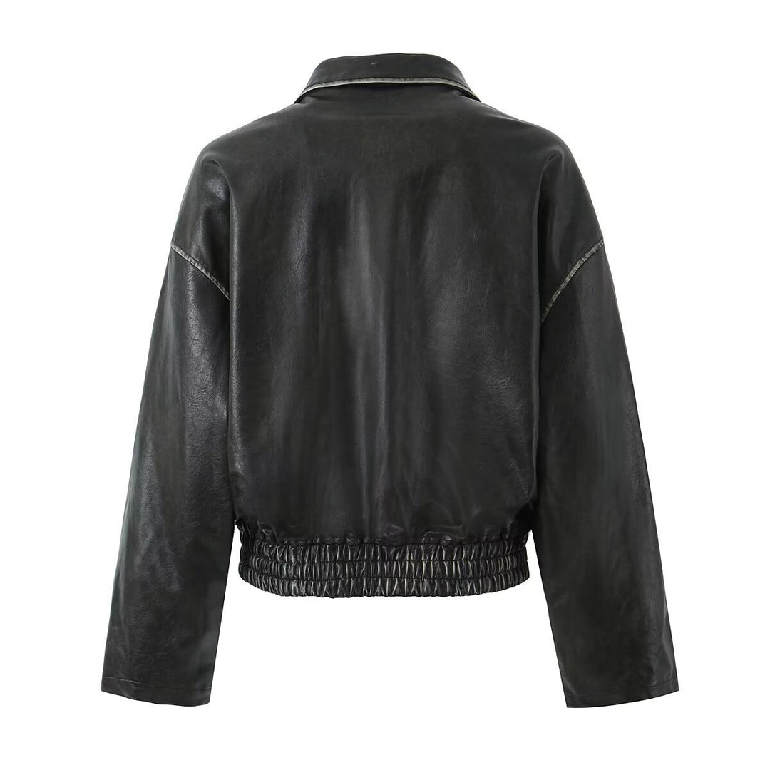 Leather jacket for ladies with a modern design featuring practical zippered pockets Lune London