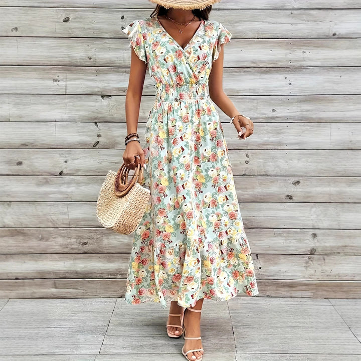 Maxi dress for women with floral design and casual V-neck Lune London